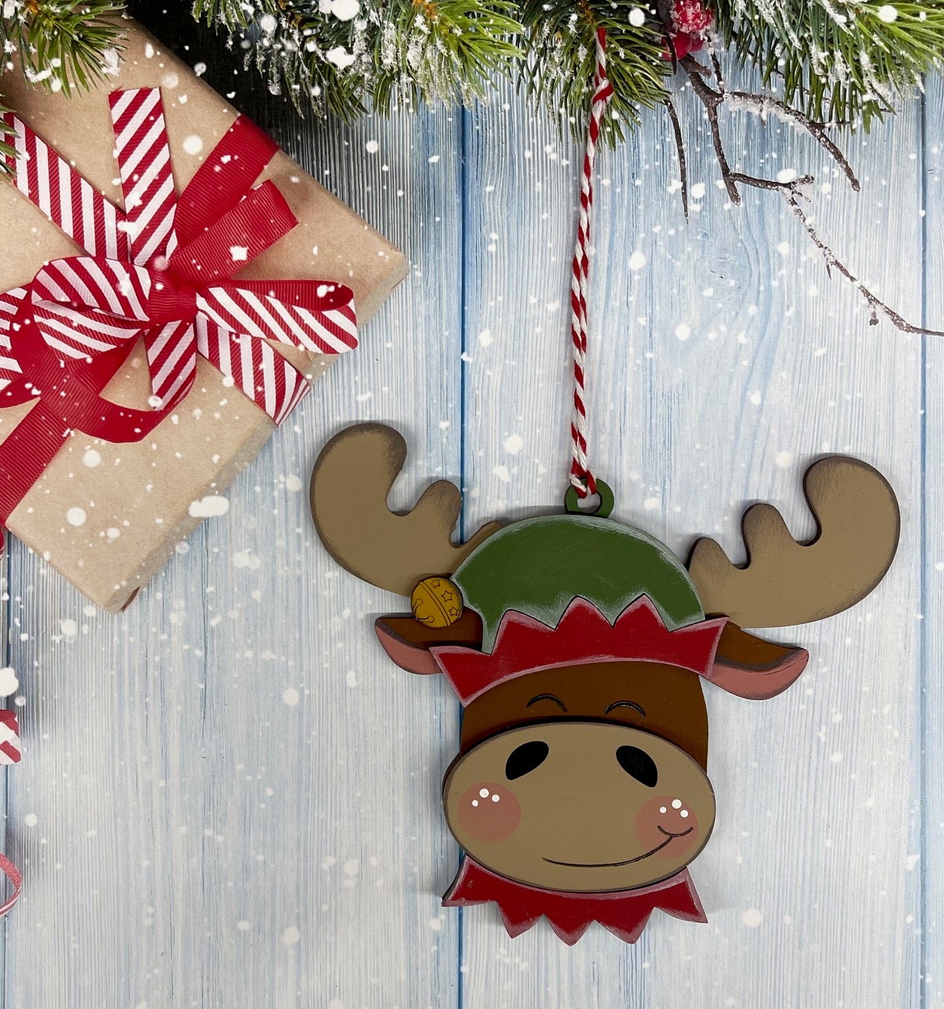 Painted Moose with Elf Hat Ornament