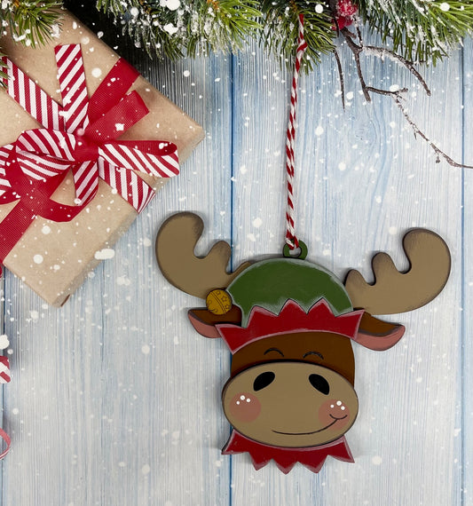 Painted Moose with Elf Hat Ornament