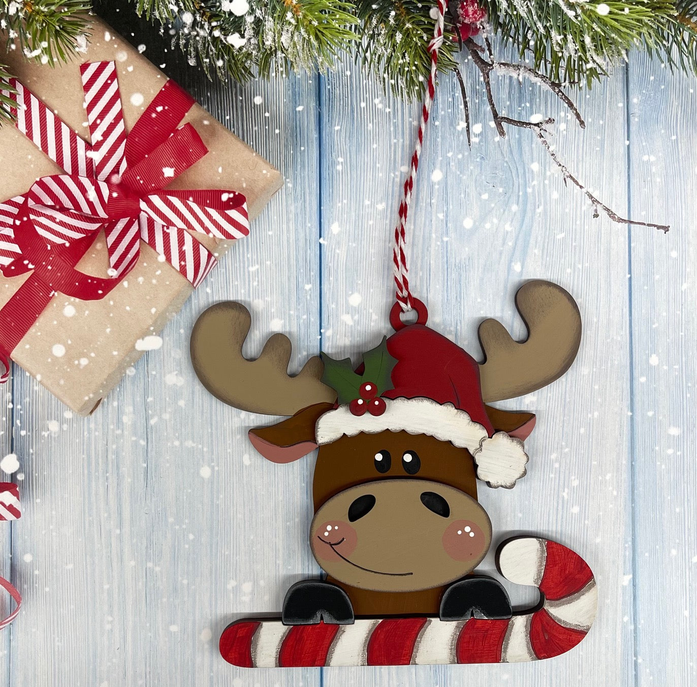 Painted Moose with Candy Cane Ornament