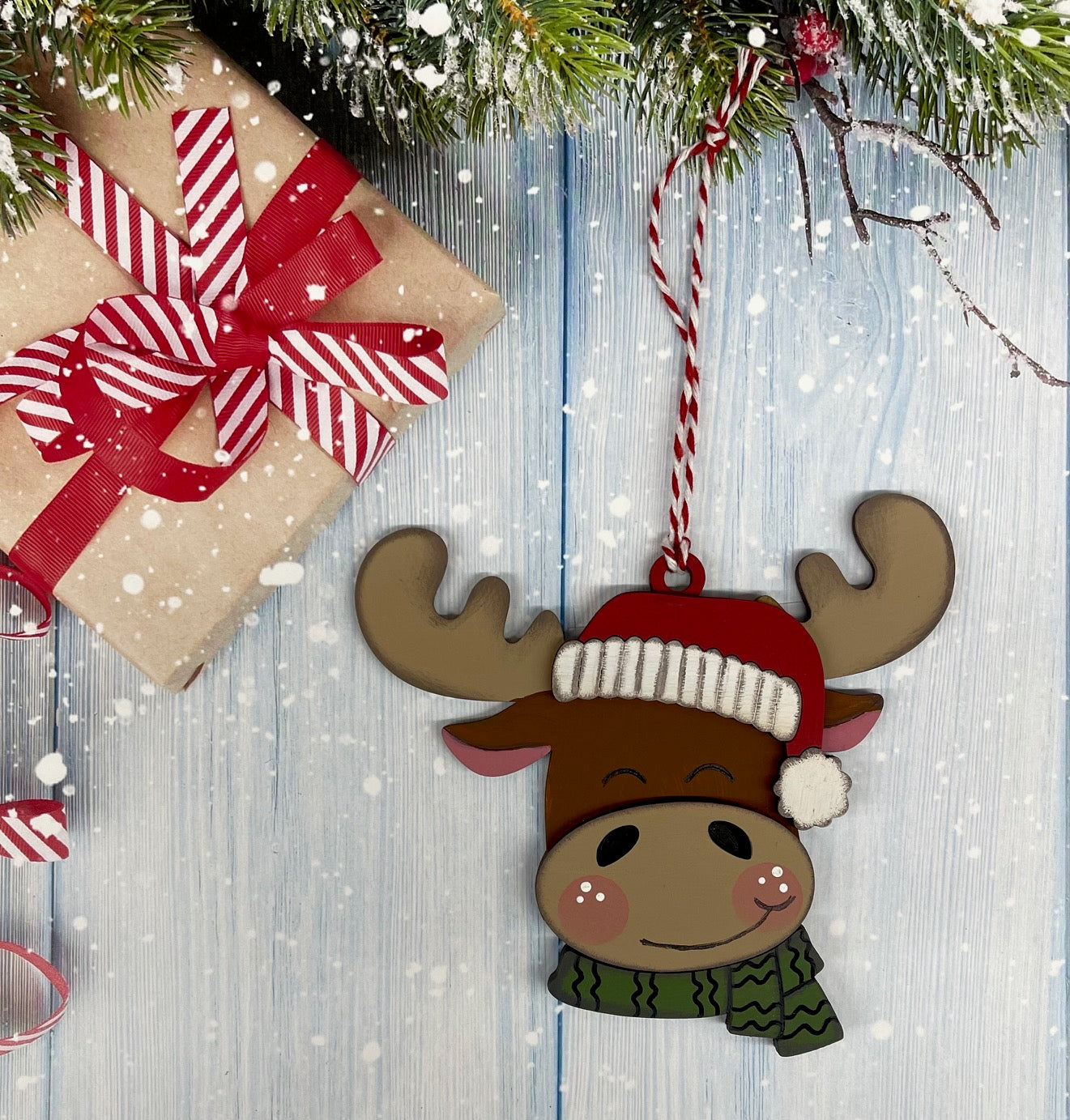 Painted Moose with Santa Hat Ornament