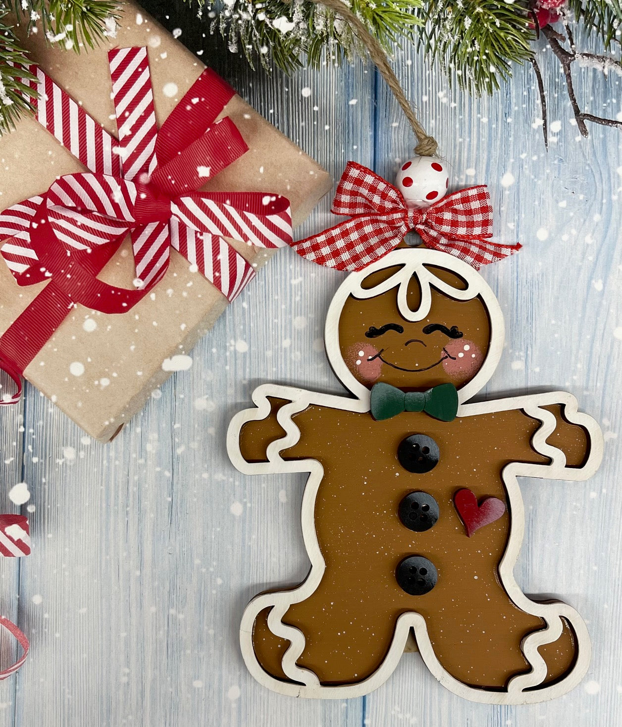 Painted Gingerbread Man with Green Bow Tie Ornament