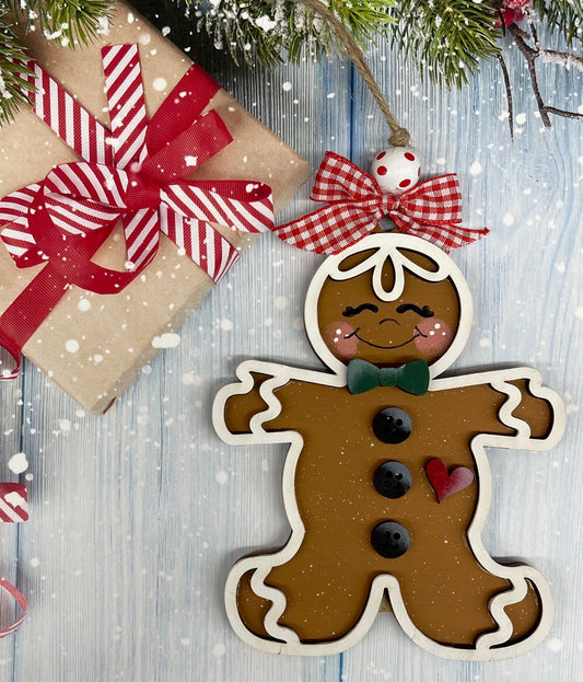 Painted Gingerbread Man with Green Bow Tie Ornament