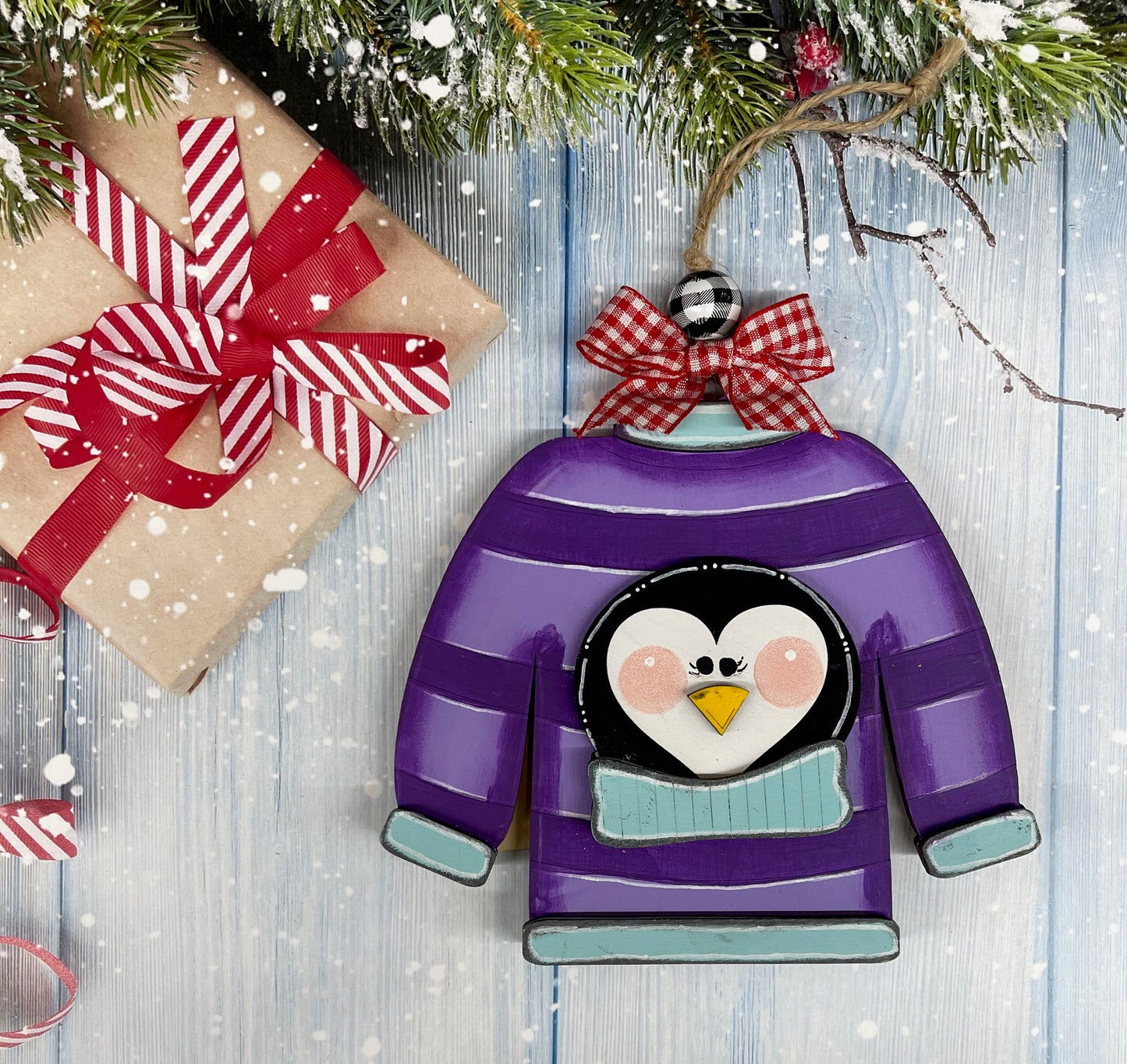 Painted Penguin Ugly Sweater Christmas Ornament Gift Card Holder