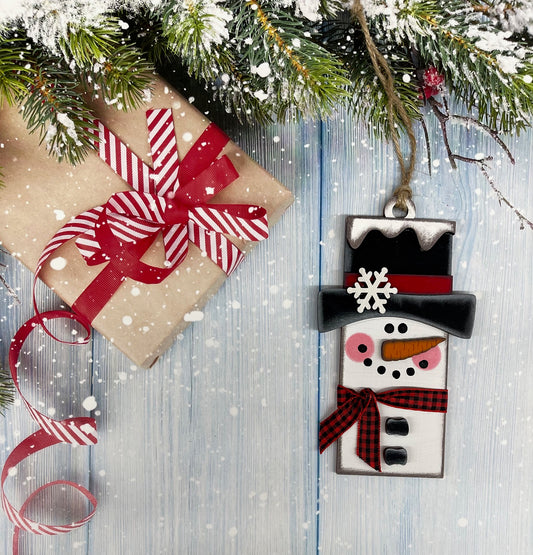 Painted Pallet Snowman with Ribbon Scarf Christmas Ornament