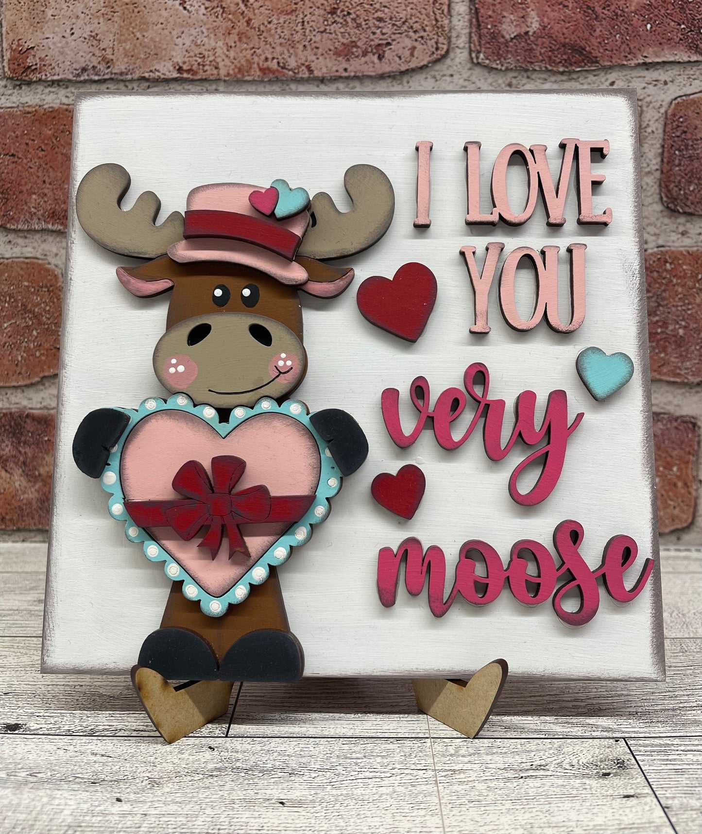 Painted I Love You very Moose Valentine Block 7" x 7" & Easel