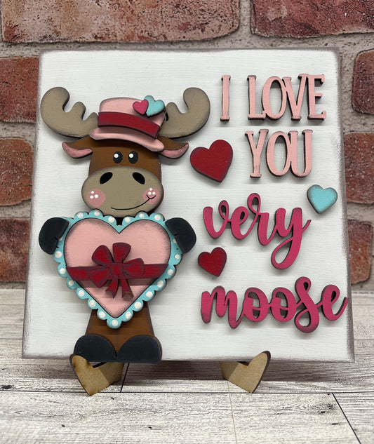 Painted I Love You very Moose Valentine Block 7" x 7" & Easel