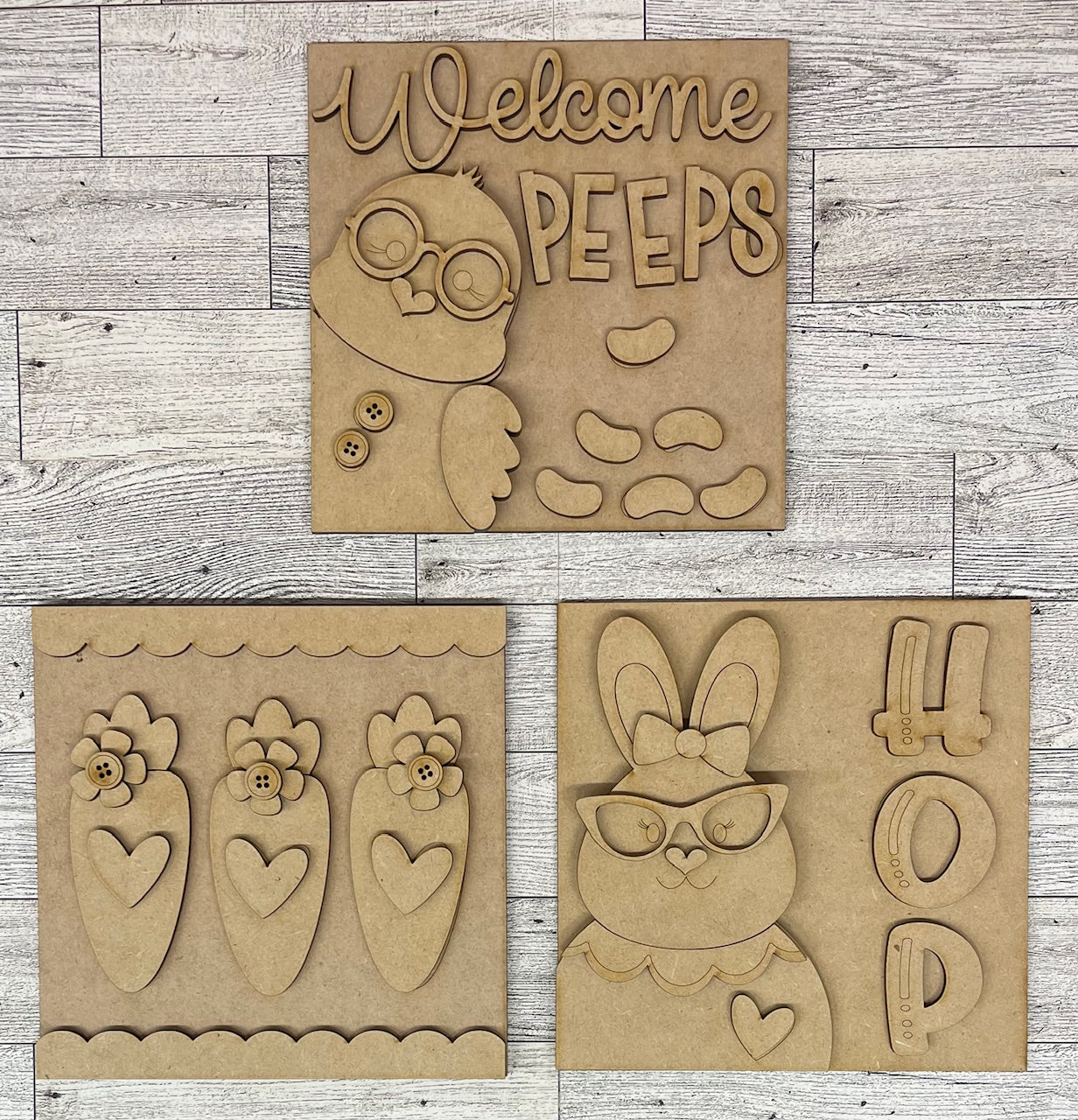 Both March 2025 Insert and blocks only - March Craft Kit - Hello Door Sign Insert and House Ladder Blocks Only unpainted cutouts, Bonus Bunny Kit - doesn't include the door sign backer and house leaning ladder