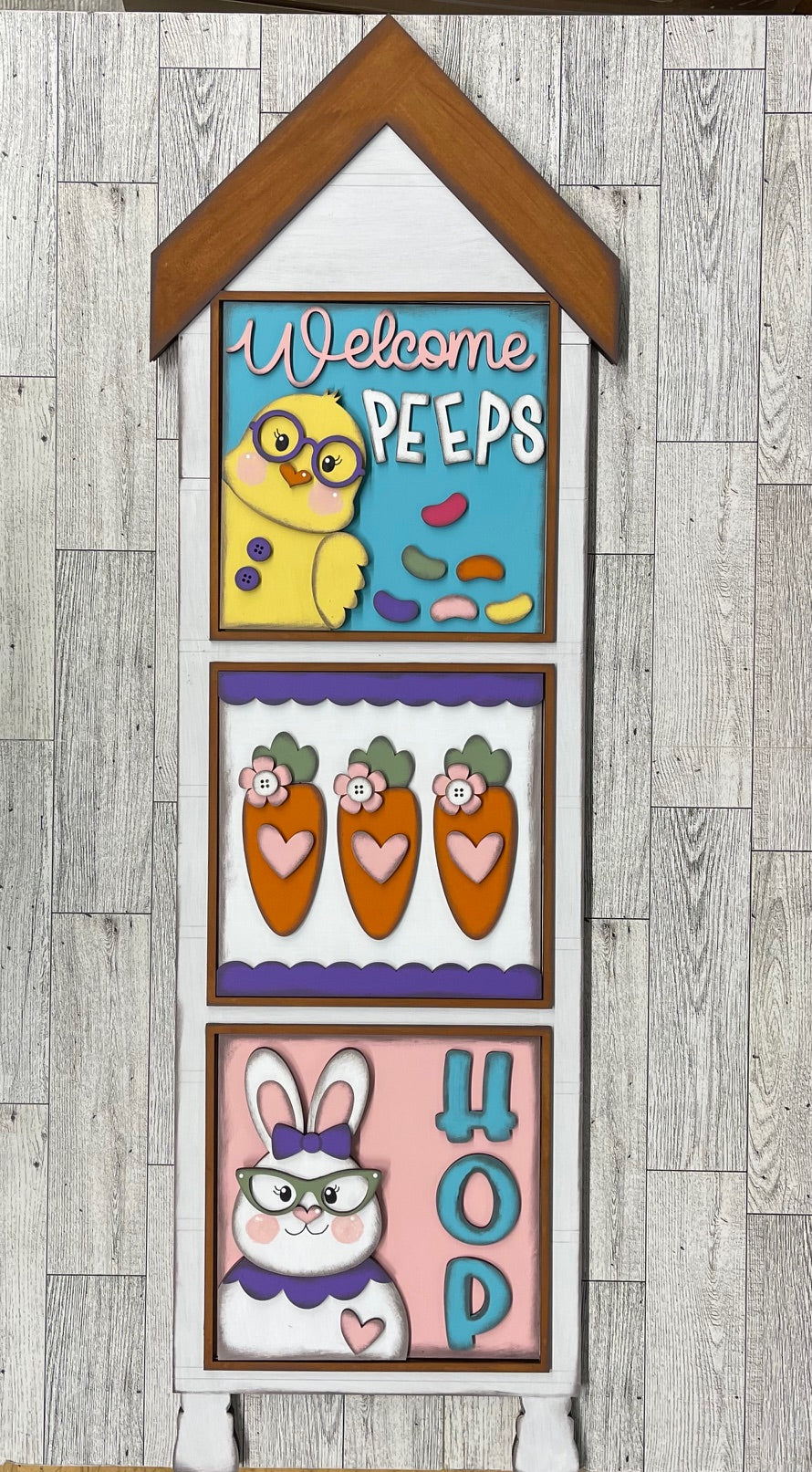 Both March 2025 Insert and blocks only - March Craft Kit - Hello Door Sign Insert and House Ladder Blocks Only unpainted cutouts, Bonus Bunny Kit - doesn't include the door sign backer and house leaning ladder