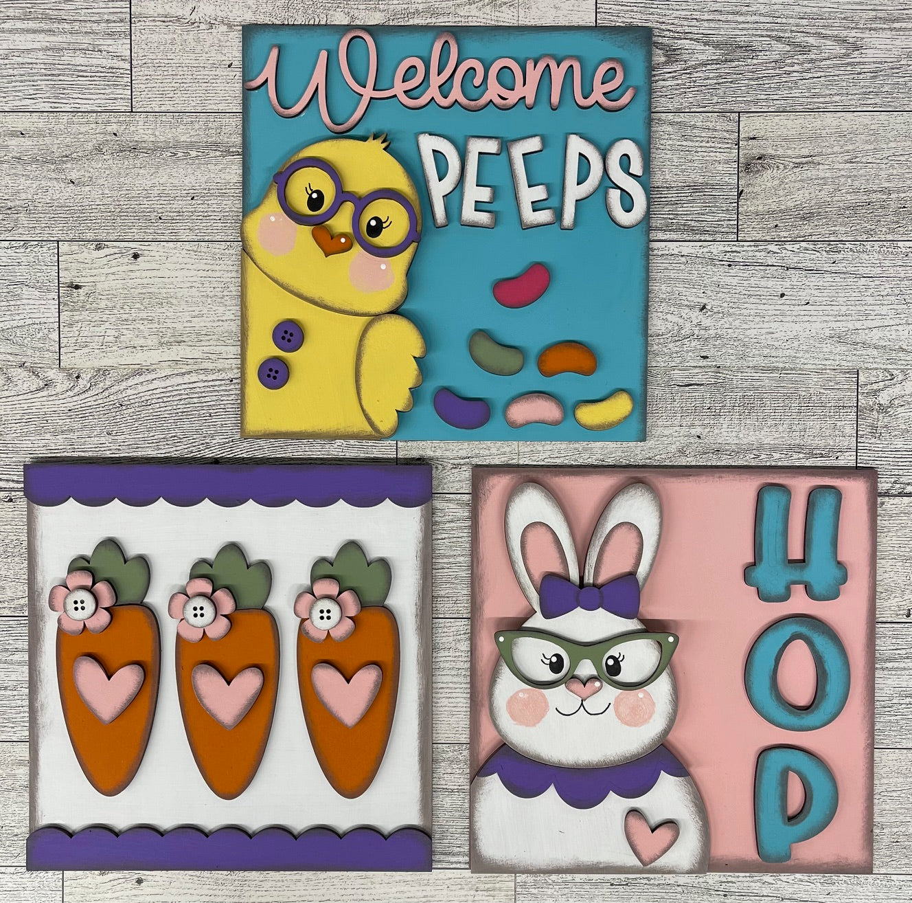 Both March 2025 Insert and blocks only - March Craft Kit - Hello Door Sign Insert and House Ladder Blocks Only unpainted cutouts, Bonus Bunny Kit - doesn't include the door sign backer and house leaning ladder