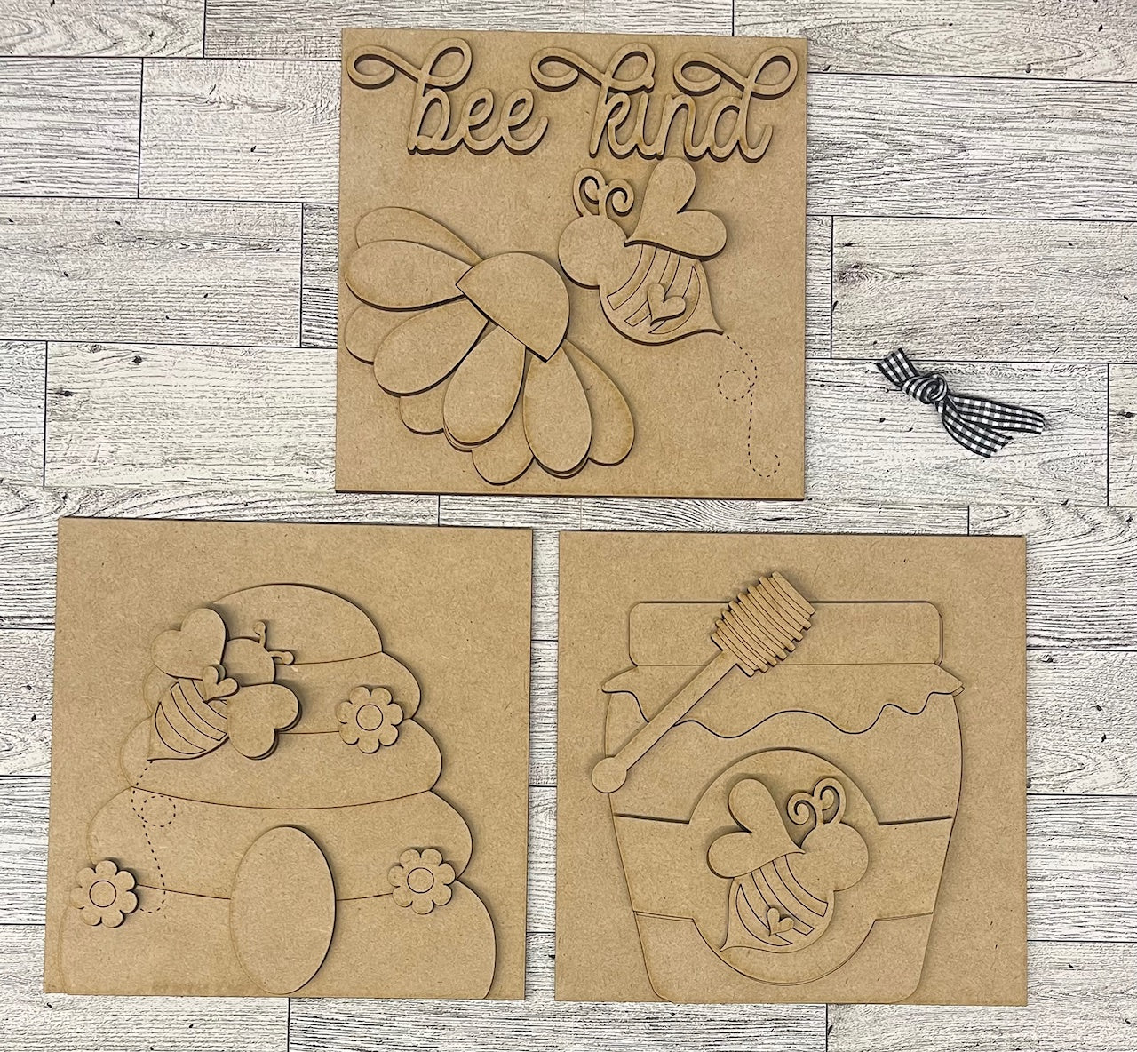 Both April 2025 Insert and blocks only - April Craft Kit - Hello Door Sign Insert and House Ladder Blocks Only unpainted cutouts, Bonus Bee Garland Kit - doesn't include the door sign backer and house leaning ladder