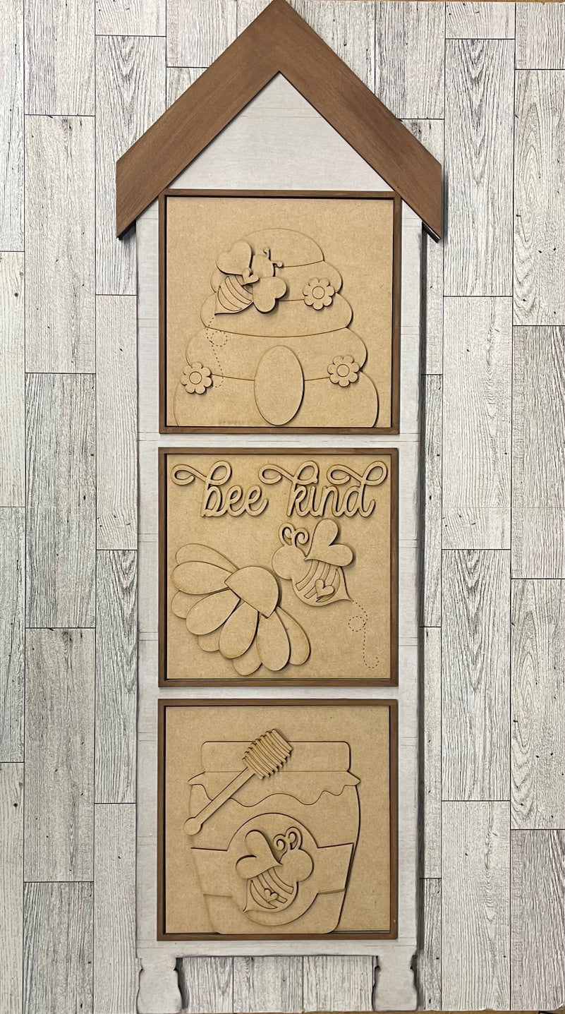 Both April 2025 Insert and blocks only - April Craft Kit - Hello Door Sign Insert and House Ladder Blocks Only unpainted cutouts, Bonus Bee Garland Kit - doesn't include the door sign backer and house leaning ladder