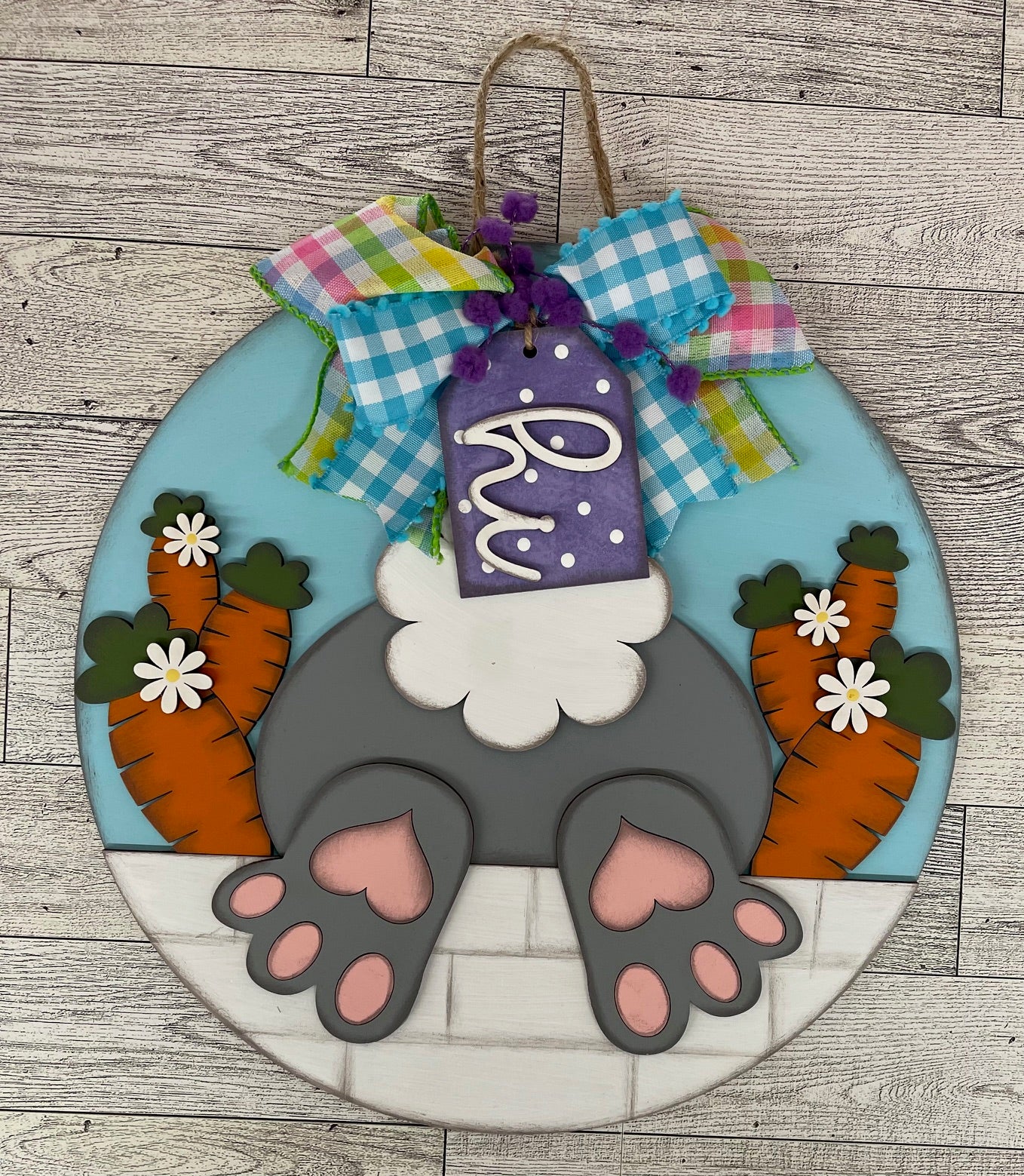 Painted Easter Bunny Butt Round Door Sign
