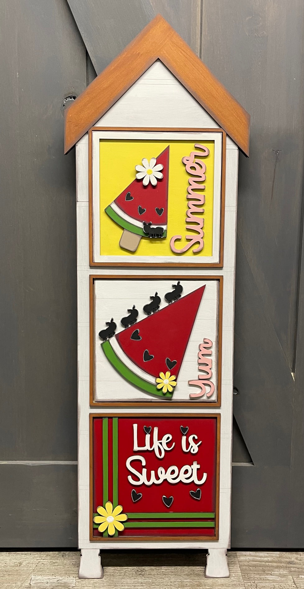 Both May 2025 Insert and blocks only - May Craft Kit - Hello Door Sign Insert and House Ladder Blocks Only unpainted cutouts, Bonus Watermelon Gnome Kit- doesn't include the door sign backer and house leaning ladder