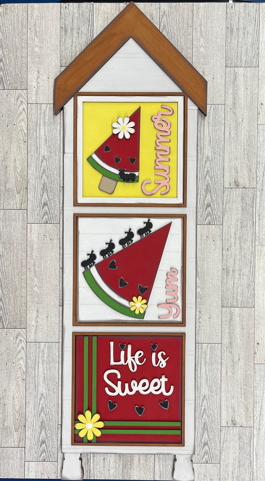 Both May 2025 Insert and blocks only - May Craft Kit - Hello Door Sign Insert and House Ladder Blocks Only unpainted cutouts, Bonus Watermelon Gnome Kit- doesn't include the door sign backer and house leaning ladder