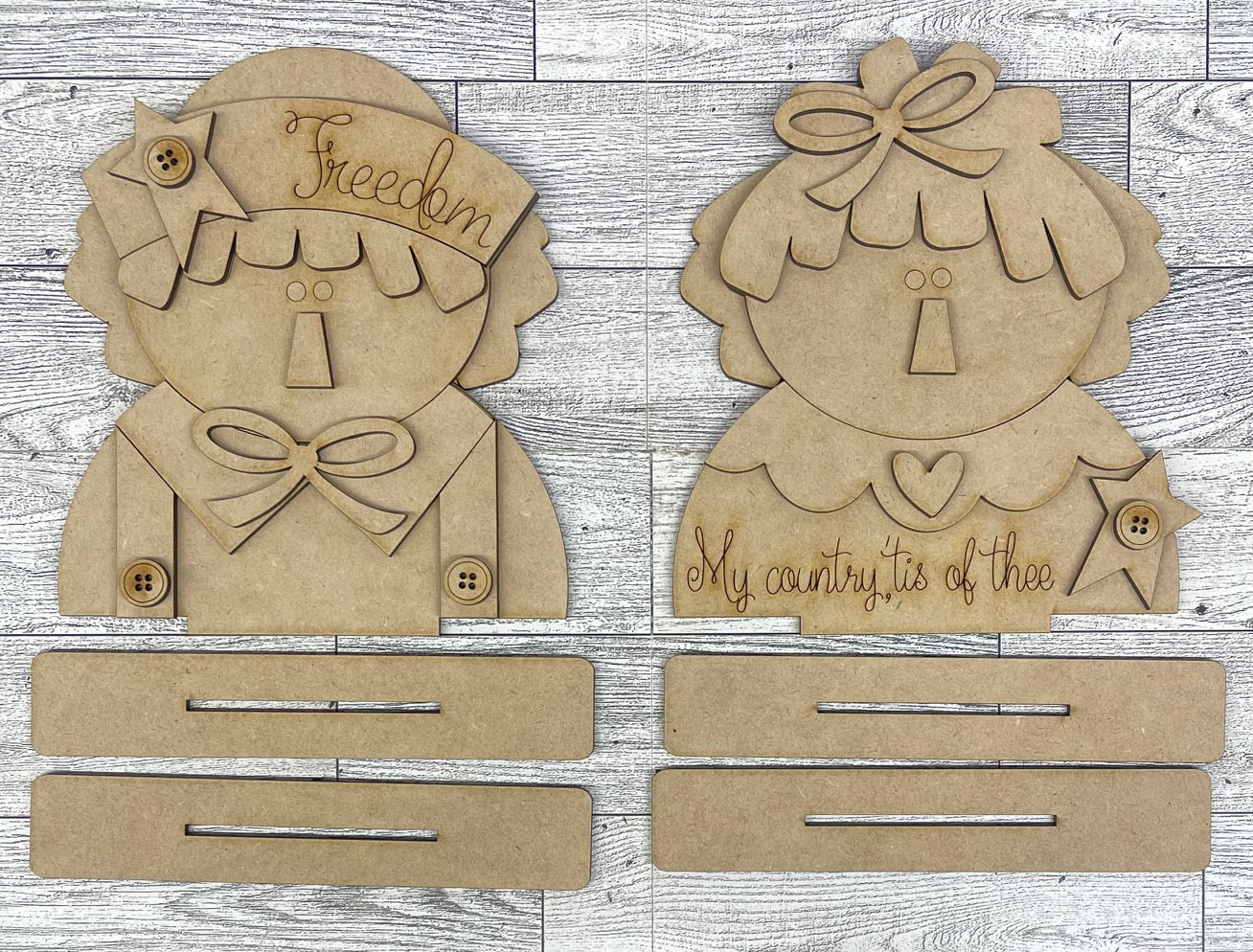 Prim Raggedy Ann & Andy Patriotic Standers cutouts - unpainted wooden cutouts, ready for you to paint