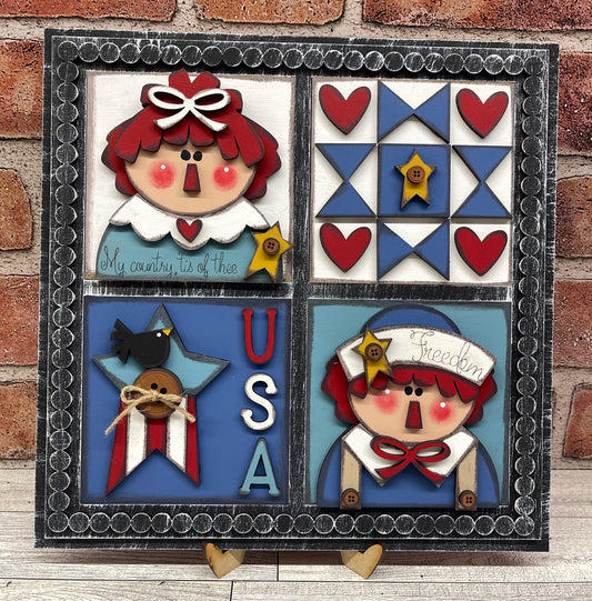 Prim Raggedy Ann & Andy Patriotic Leaning ladder inserts and sign cutouts - unpainted wooden cutouts, ready for you to paint