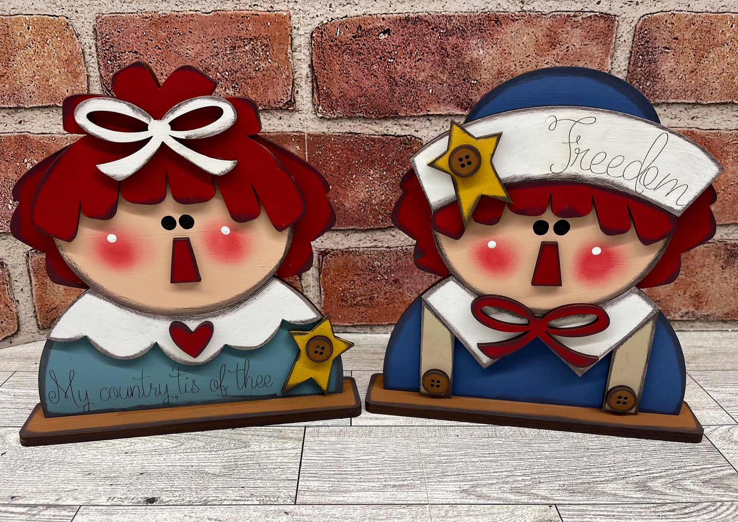Prim Raggedy Ann & Andy Patriotic Standers cutouts - unpainted wooden cutouts, ready for you to paint