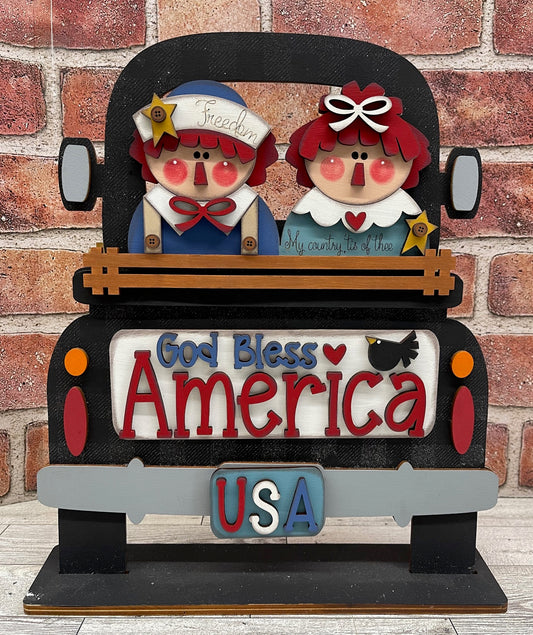 Prim Raggedy Ann & Andy Patriotic Truck Insert cutouts - unpainted wooden cutouts, ready for you to paint