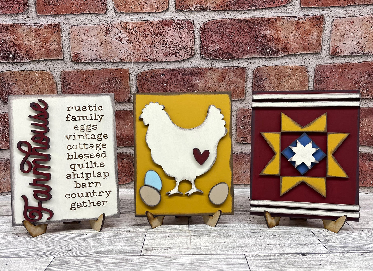 Farmhouse Decor trio of signs with easels - unpainted wooden cutouts, ready for you to paint