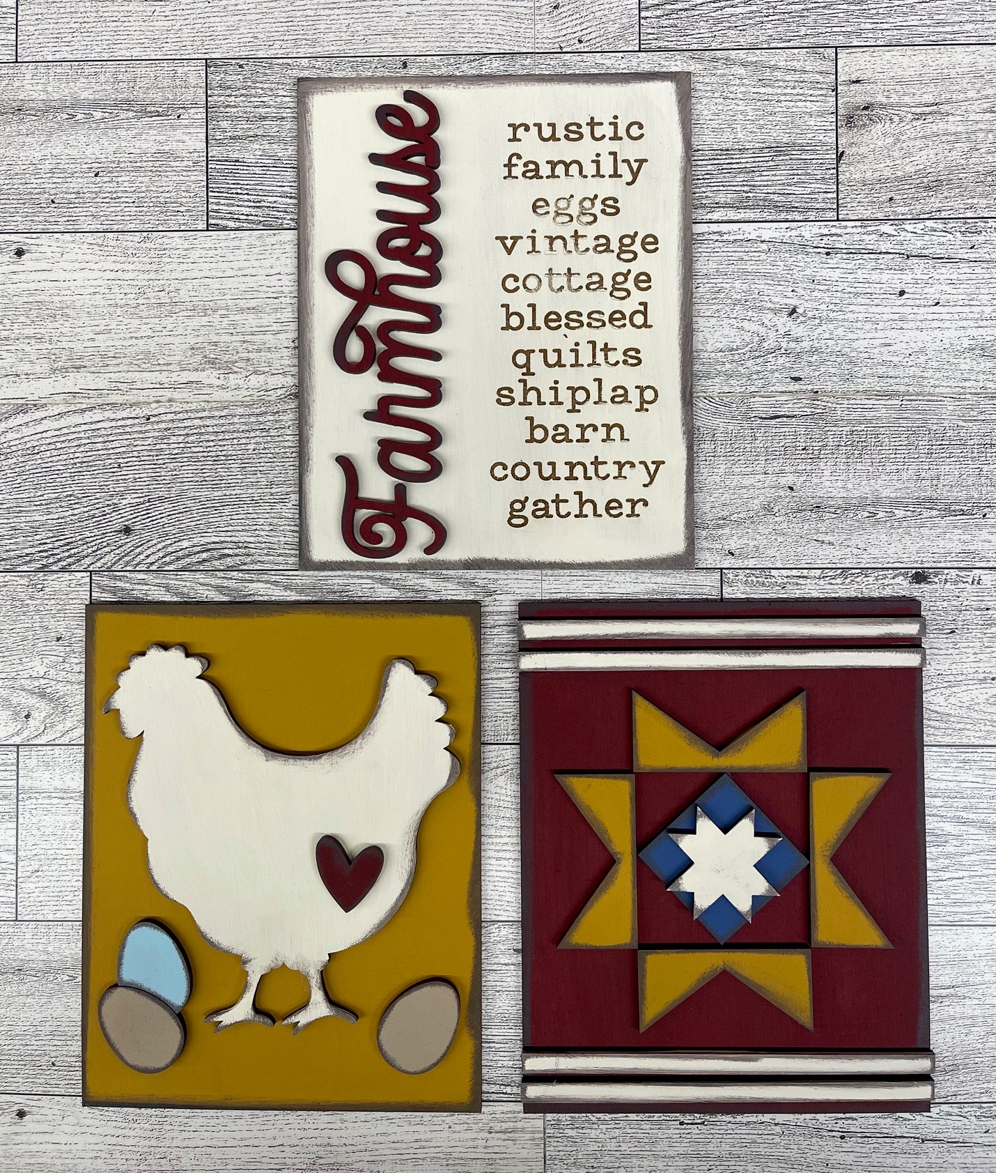 Farmhouse Decor trio of signs with easels - unpainted wooden cutouts, ready for you to paint