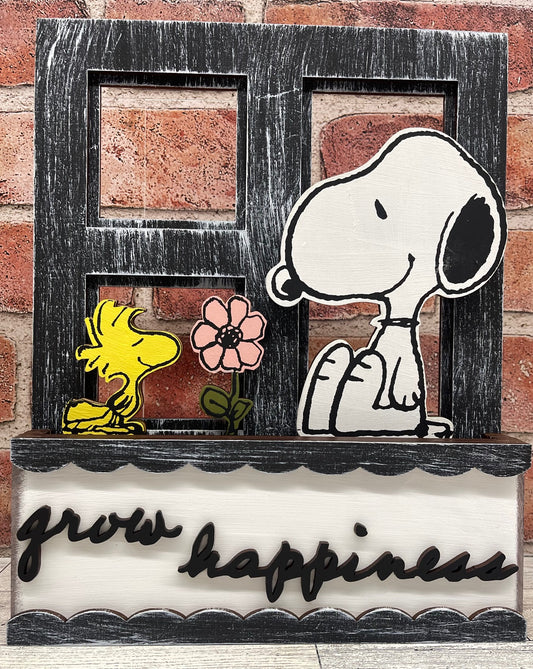 Grow Happiness - Snoopy & Woodstock Insert for Changeable Window Box unpainted wood cutouts, ready for you to paint