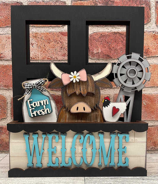 Highland Cow Welcome - Insert for Changeable Window Box unpainted wood cutouts, ready for you to paint