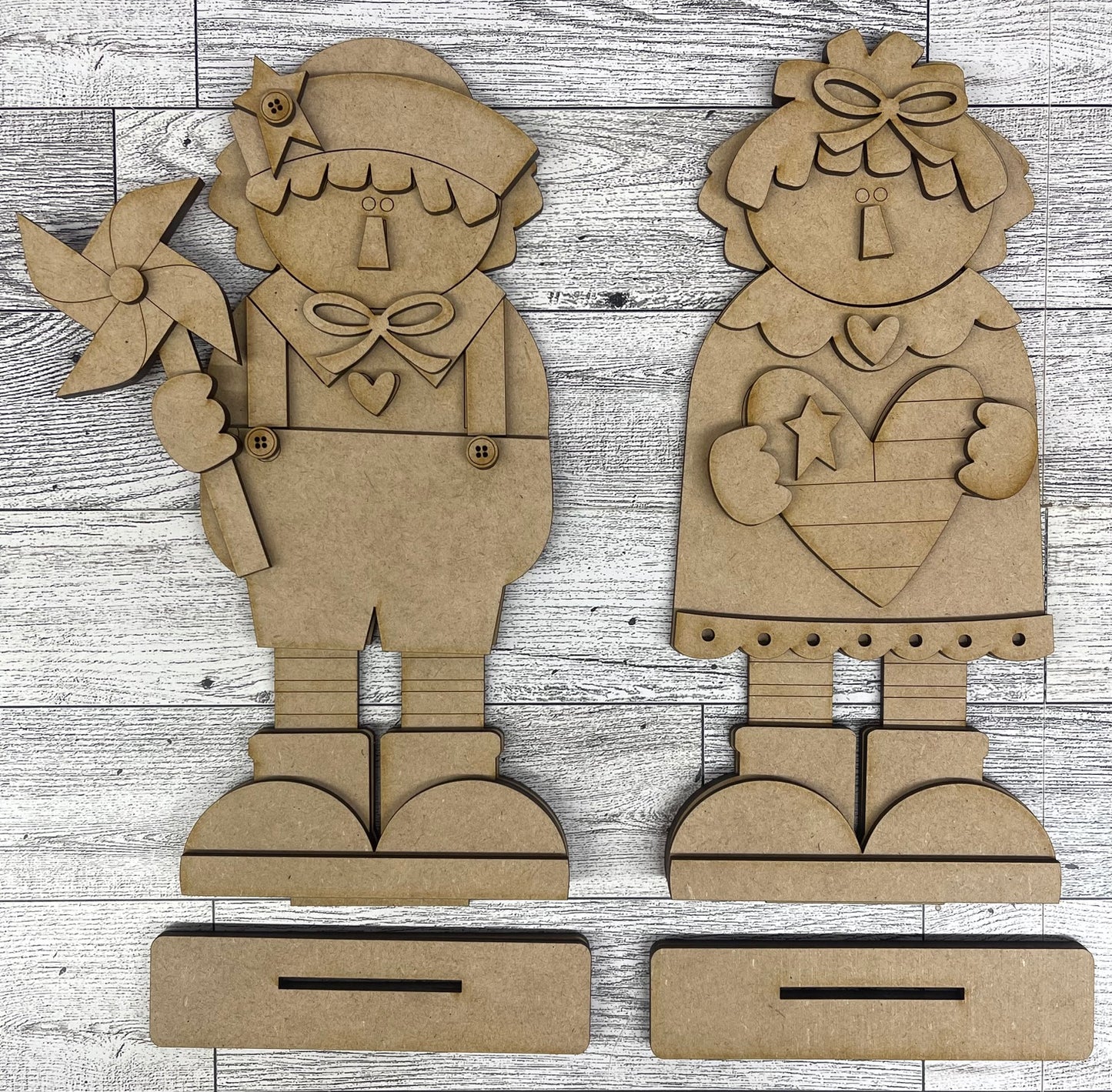 Prim Raggedy Ann & Andy Patriotic Standing standers set of 2 cutouts - unpainted wooden cutouts, ready for you to paint