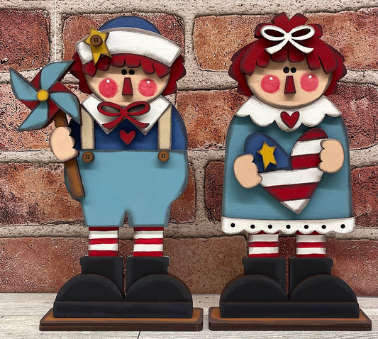 Prim Raggedy Ann & Andy Patriotic Standing standers set of 2 cutouts - unpainted wooden cutouts, ready for you to paint