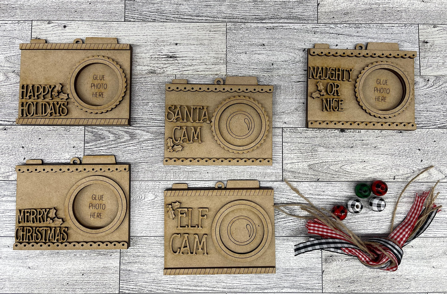 Santa Cam, Elf Cam Christmas Ornament - unpainted wooden cutouts, ready for you to paint