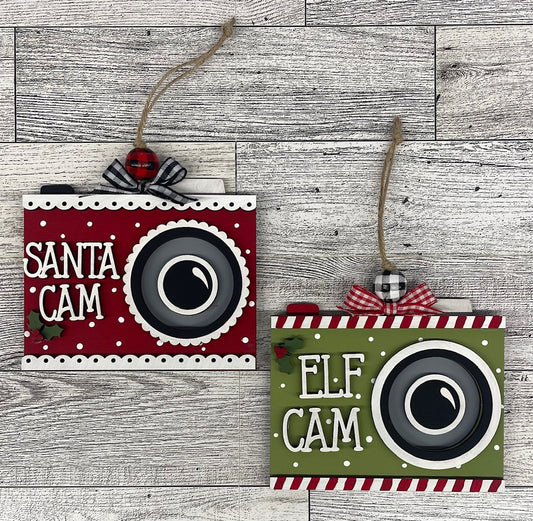 Santa Cam, Elf Cam Christmas Ornament - unpainted wooden cutouts, ready for you to paint
