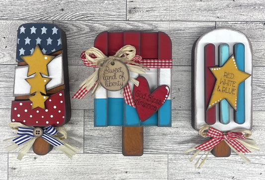 Patriotic Popsicles - set of 3 - unpainted wooden cutouts, ready for you to paint