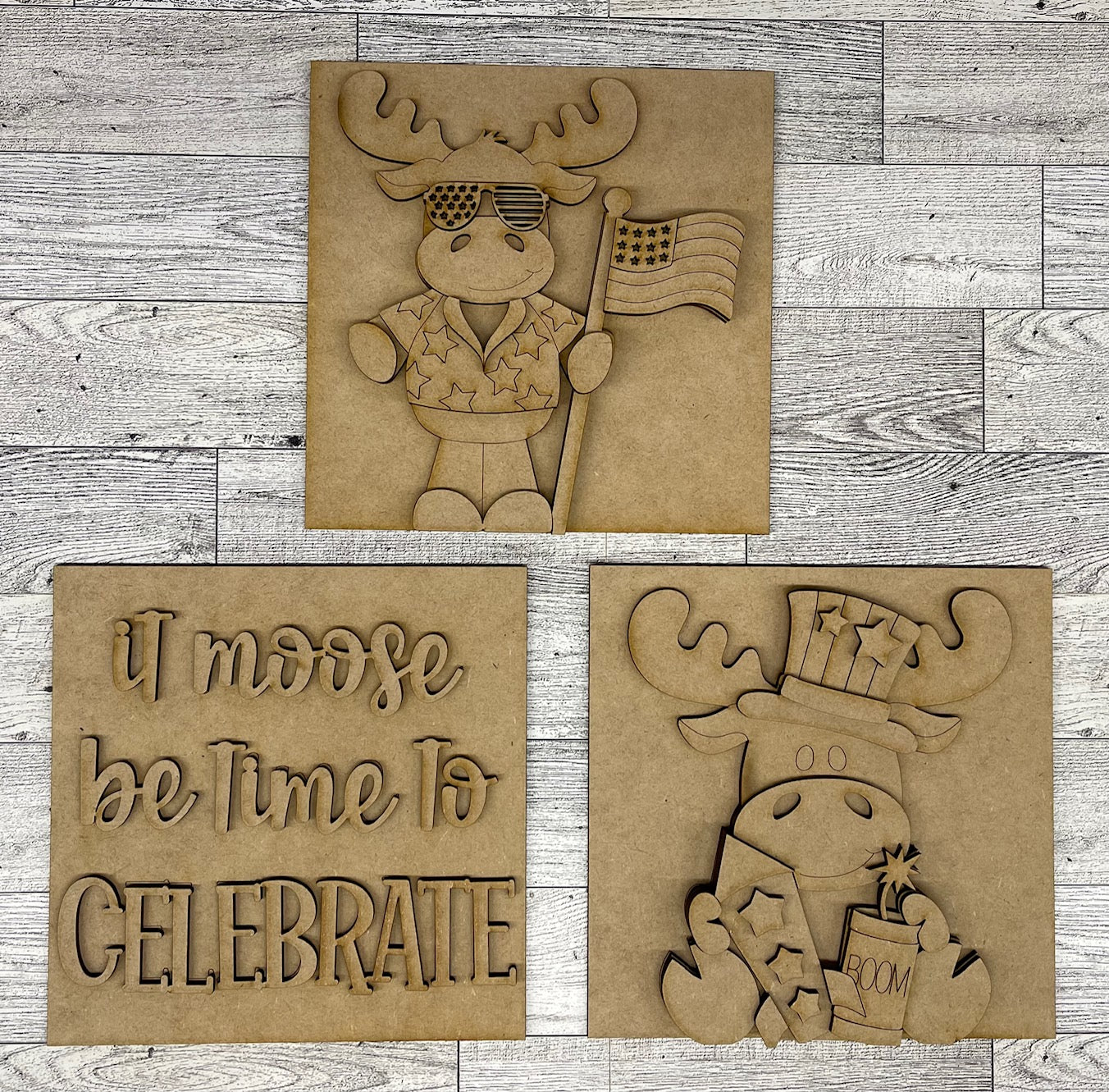 Both June 2025 Insert and blocks only - June Craft Kit - Hello Door Sign Insert and House Ladder Blocks Only unpainted cutouts, Bonus Patriotic Moose Stander Kit- doesn't include the door sign backer and house leaning ladder