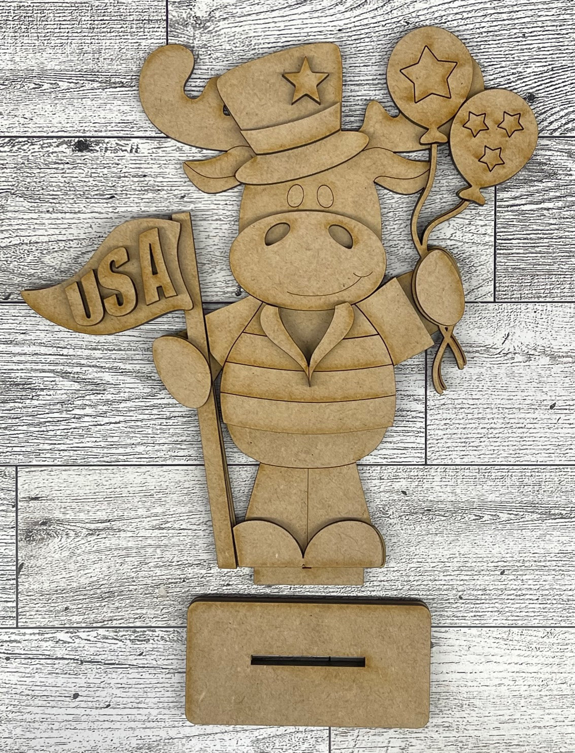 Both June 2025 Insert and blocks only - June Craft Kit - Hello Door Sign Insert and House Ladder Blocks Only unpainted cutouts, Bonus Patriotic Moose Stander Kit- doesn't include the door sign backer and house leaning ladder