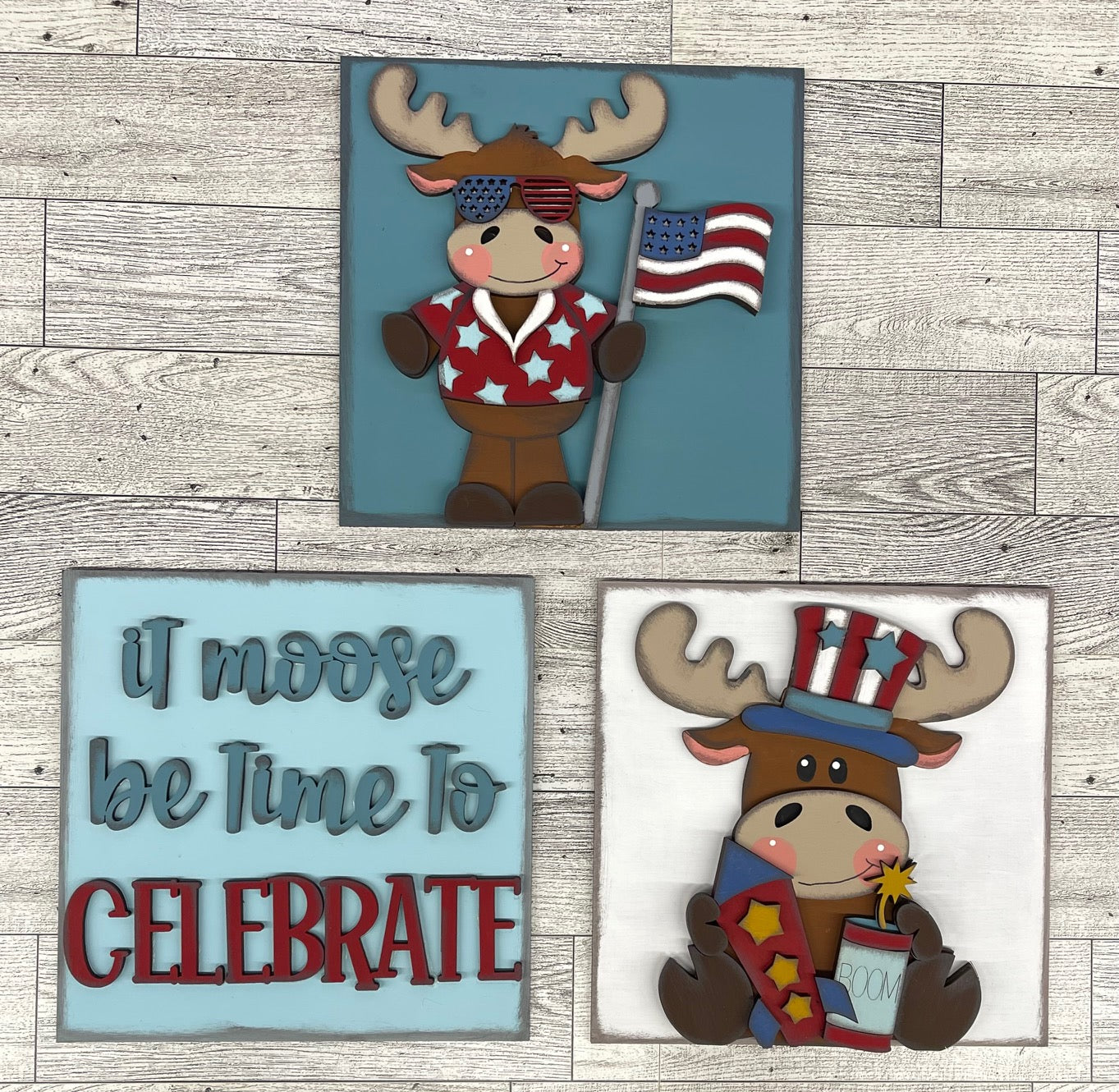Both June 2025 Insert and blocks only - June Craft Kit - Hello Door Sign Insert and House Ladder Blocks Only unpainted cutouts, Bonus Patriotic Moose Stander Kit- doesn't include the door sign backer and house leaning ladder