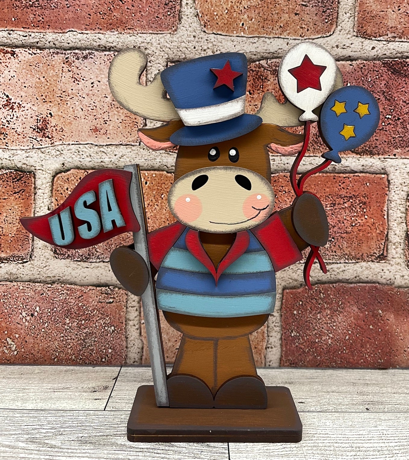 Both June 2025 Insert and blocks only - June Craft Kit - Hello Door Sign Insert and House Ladder Blocks Only unpainted cutouts, Bonus Patriotic Moose Stander Kit- doesn't include the door sign backer and house leaning ladder