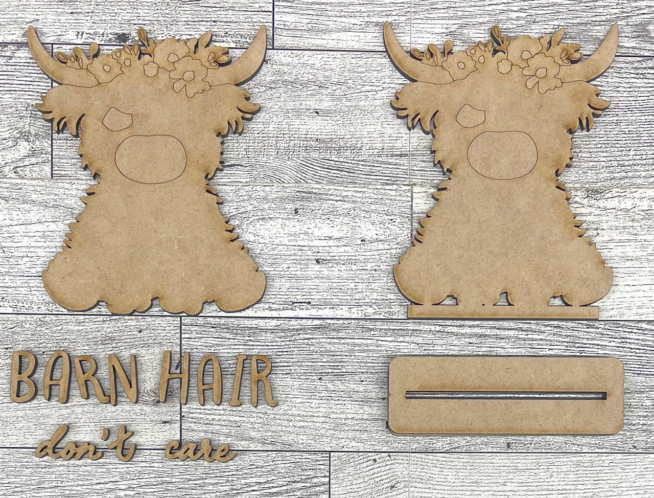 Barn Hair Don't Care Highland Cow - unpainted wooden cutouts, ready for you to paint