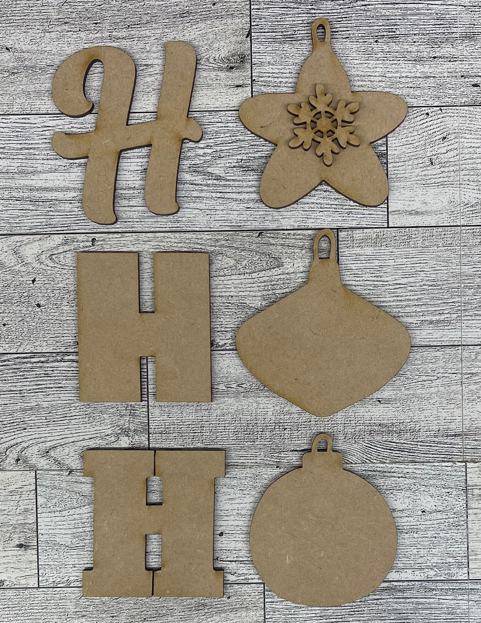 Ho Ho Ho Ornaments Garland Cutouts - unpainted wooden cutouts, ready for you to paint