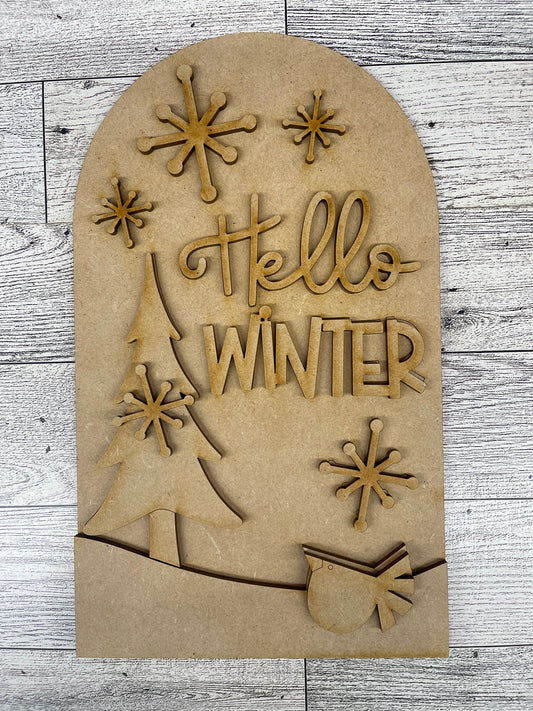 Hello Winter Tree & Bird Arch Frame Insert cutouts - unpainted wooden cutouts, ready for you to paint