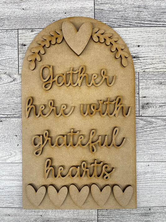 Gather Here with Grateful Hearts Frame Insert cutouts - unpainted wooden cutouts, ready for you to paint