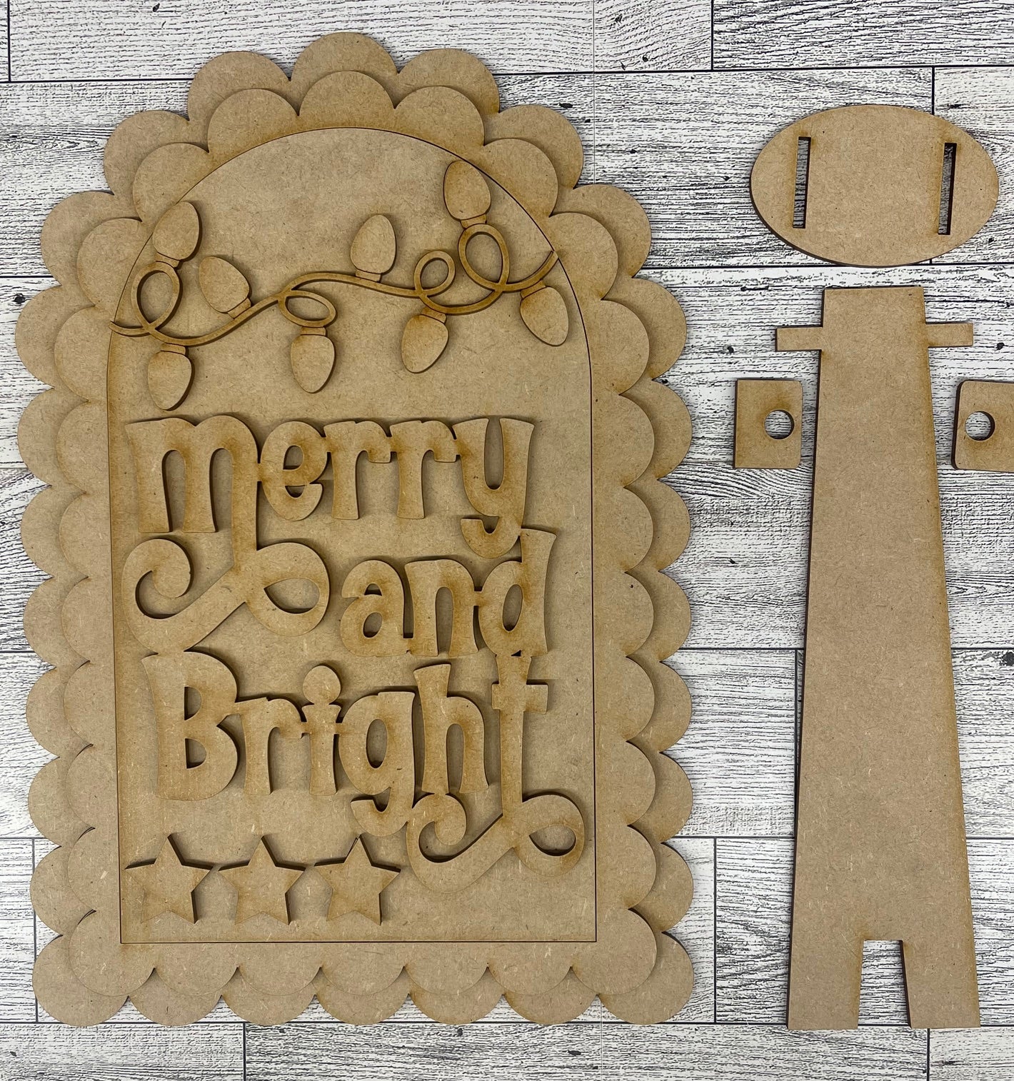 Merry & Bright Christmas Arch Frame Insert cutouts - unpainted wooden cutouts, ready for you to paint