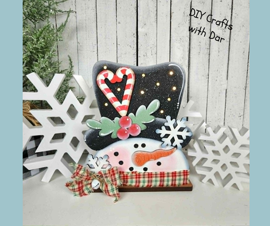 May 2026 - Add On - Candy Cane Snowman Lighted Stander - unpainted wood cutouts, ready for you to paint