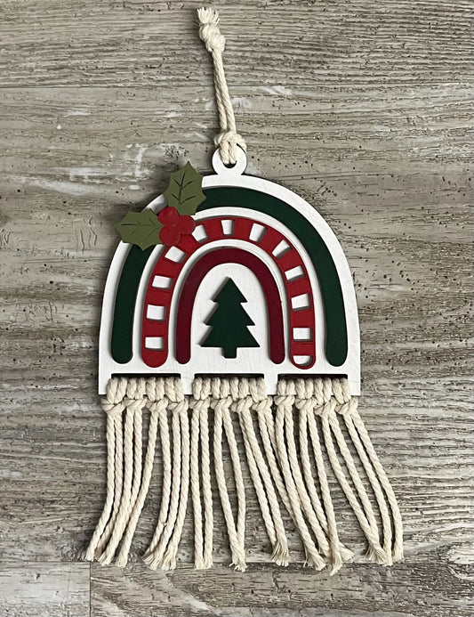 Christmas Tree Rainbow Macrame Ornament Kit, Unpainted Wood Cutouts, Ready for you to paint