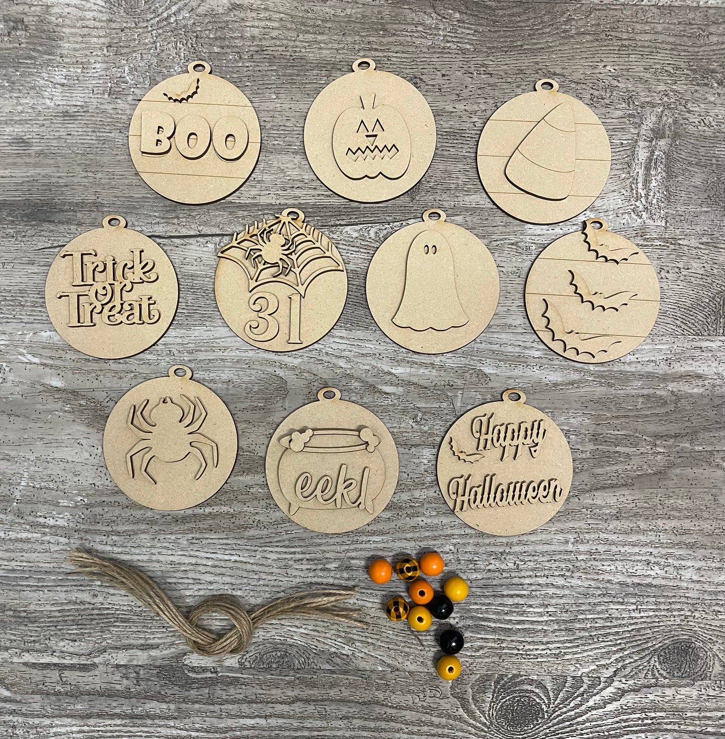 10 Halloween ornaments, unpainted wooden cutouts - ready for you to paint, includes the circle