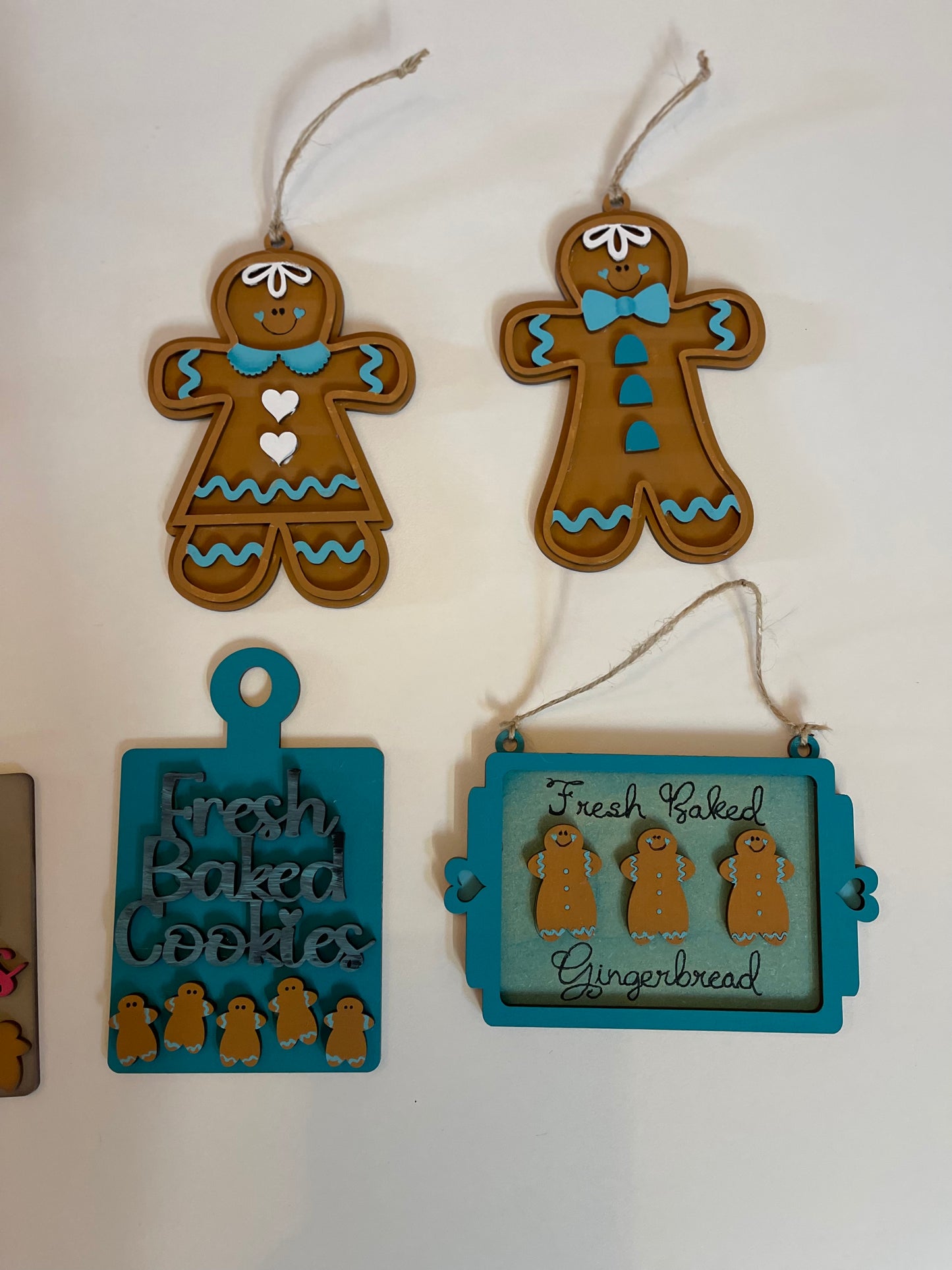 4 Gingerbread Cookie Sheet ornaments unpainted wooden cutouts - ready for you to paint, includes the circle