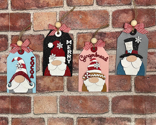 Christmas Gnome Tag Ornaments, Christmas Ornaments, unpainted ready for you to finish, with ribbon, jute and beads