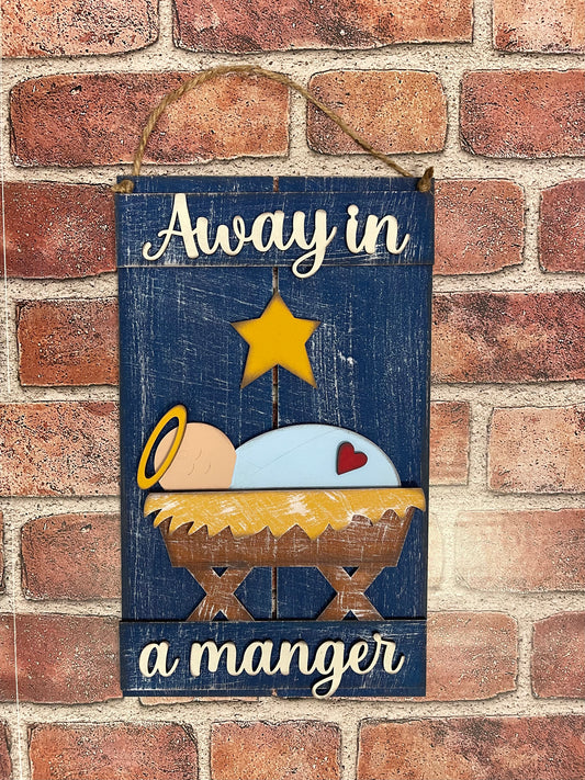 Christmas Manger sign 13 inches tall, wood cutouts, unpainted ready for you to finish