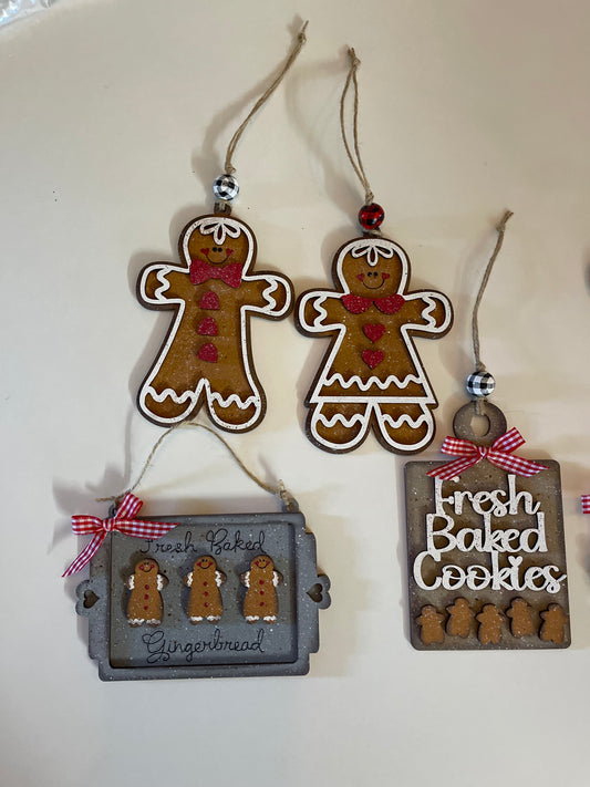 4 Gingerbread Cookie Sheet ornaments unpainted wooden cutouts - ready for you to paint, includes the circle