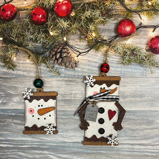 2 Snowmen Smore Ornaments, Unpainted Christmas Ornaments, unpainted ready for you to finish, with jute and beads