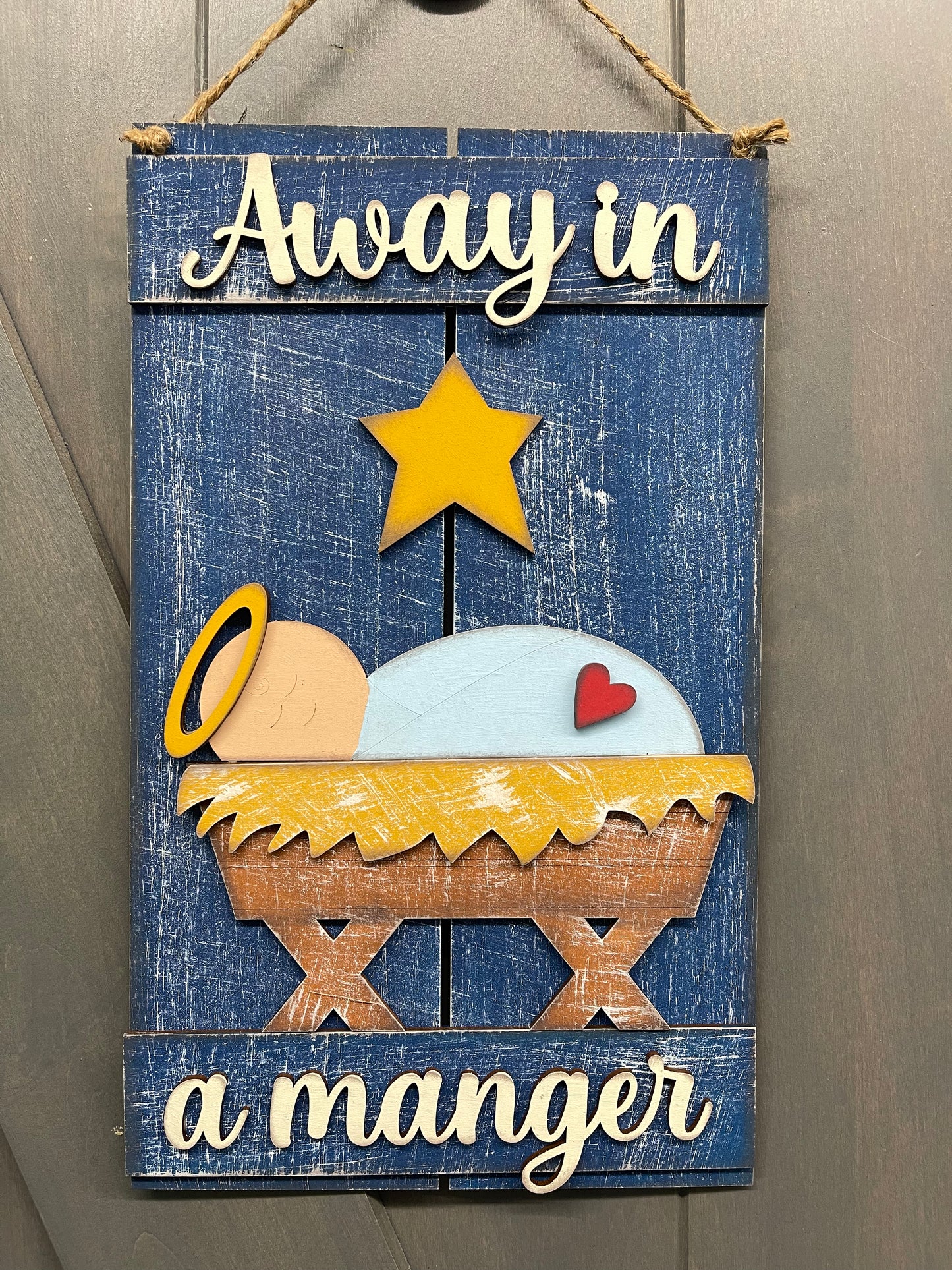 Christmas Manger sign 13 inches tall, wood cutouts, unpainted ready for you to finish