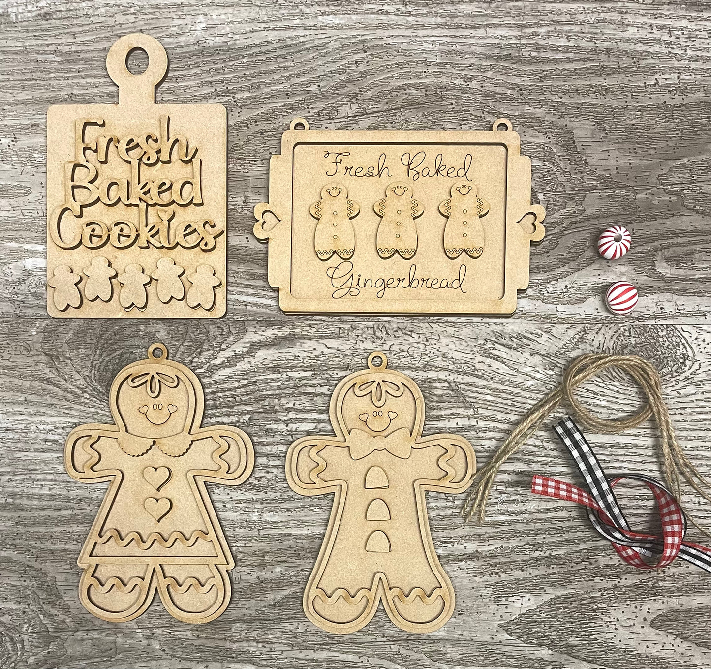 4 Gingerbread Cookie Sheet ornaments unpainted wooden cutouts - ready for you to paint, includes the circle